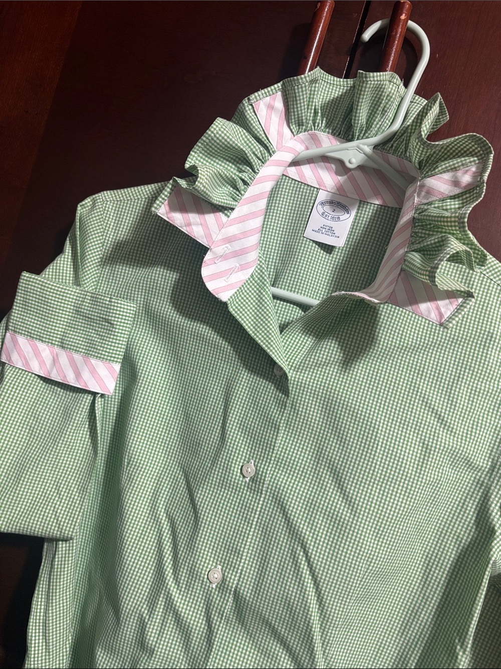 Ruffled Collar Green Gingham Button-Up with Pink Stripe Trim
